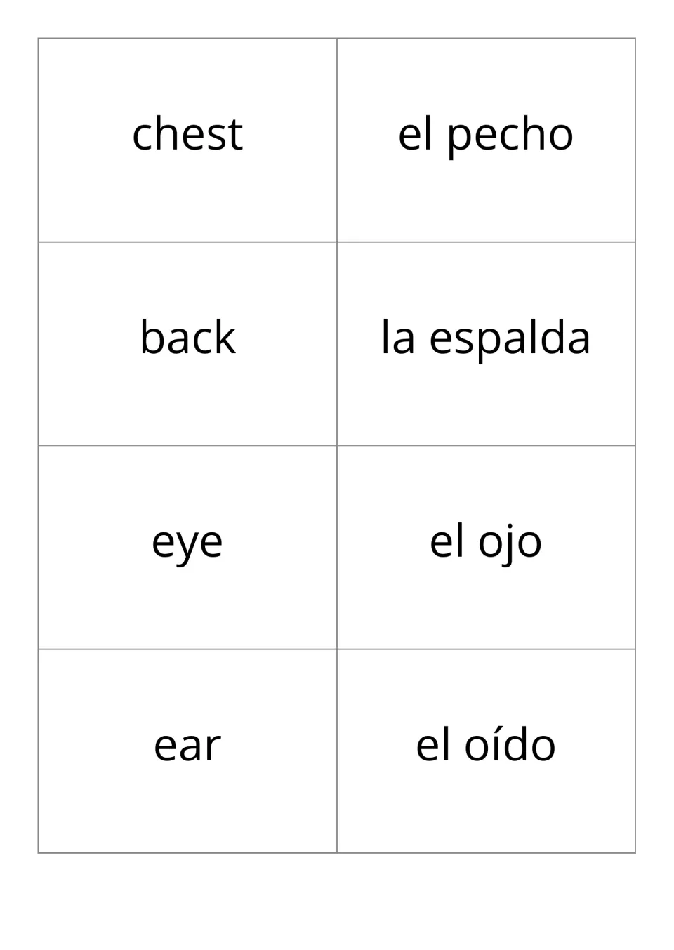Flash cards pairing English and Spanish body parts: chest/el pecho, back/la espalda, eye/el ojo, ear/el oído