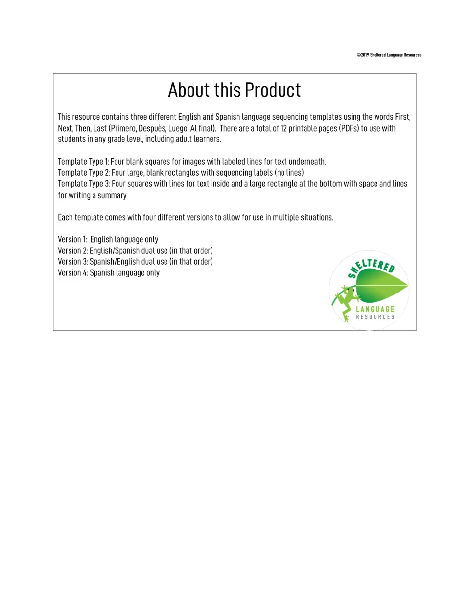 About this product: three First, Next, Then, Last sequencing templates, each in English, Spanish and two bilingual versions