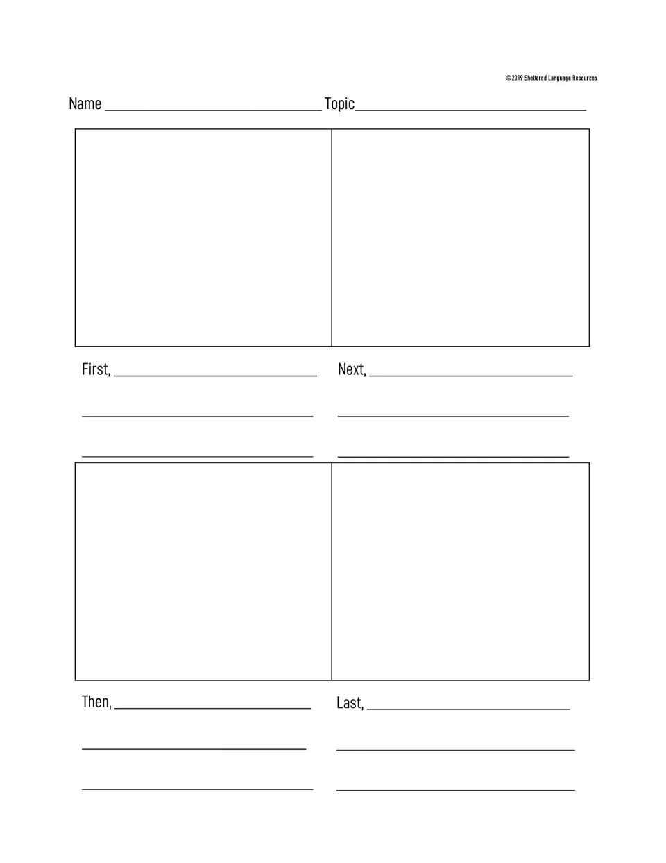 English sequencing: students draw four events and write sentences starting First, Next, Then and Last, with name and topic
