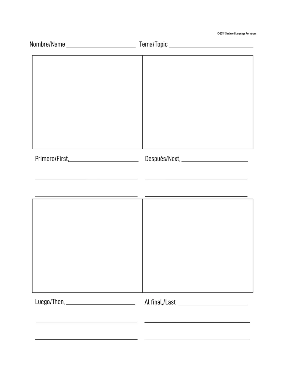 Spanish/English sequencing: students draw four events and write after Primero/First, Despuès/Next, Luego/Then, Al final/Last