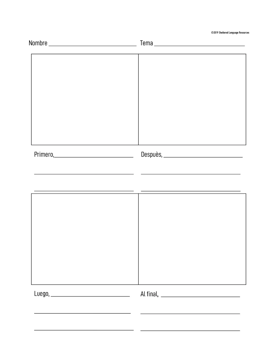 Spanish-only sequencing: students draw four events and write sentences starting Primero, Despuès, Luego and Al final