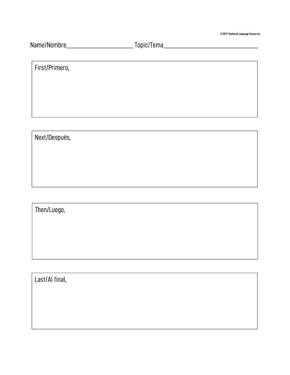 Written English/Spanish sequencing: students write each step after First/Primero, Next/Despuès, Then/Luego, Last/Al final