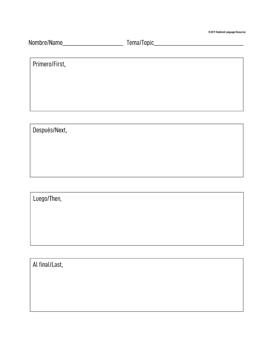 Written Spanish/English sequencing: students write each step after Primero/First, Despuès/Next, Luego/Then, Al final/Last