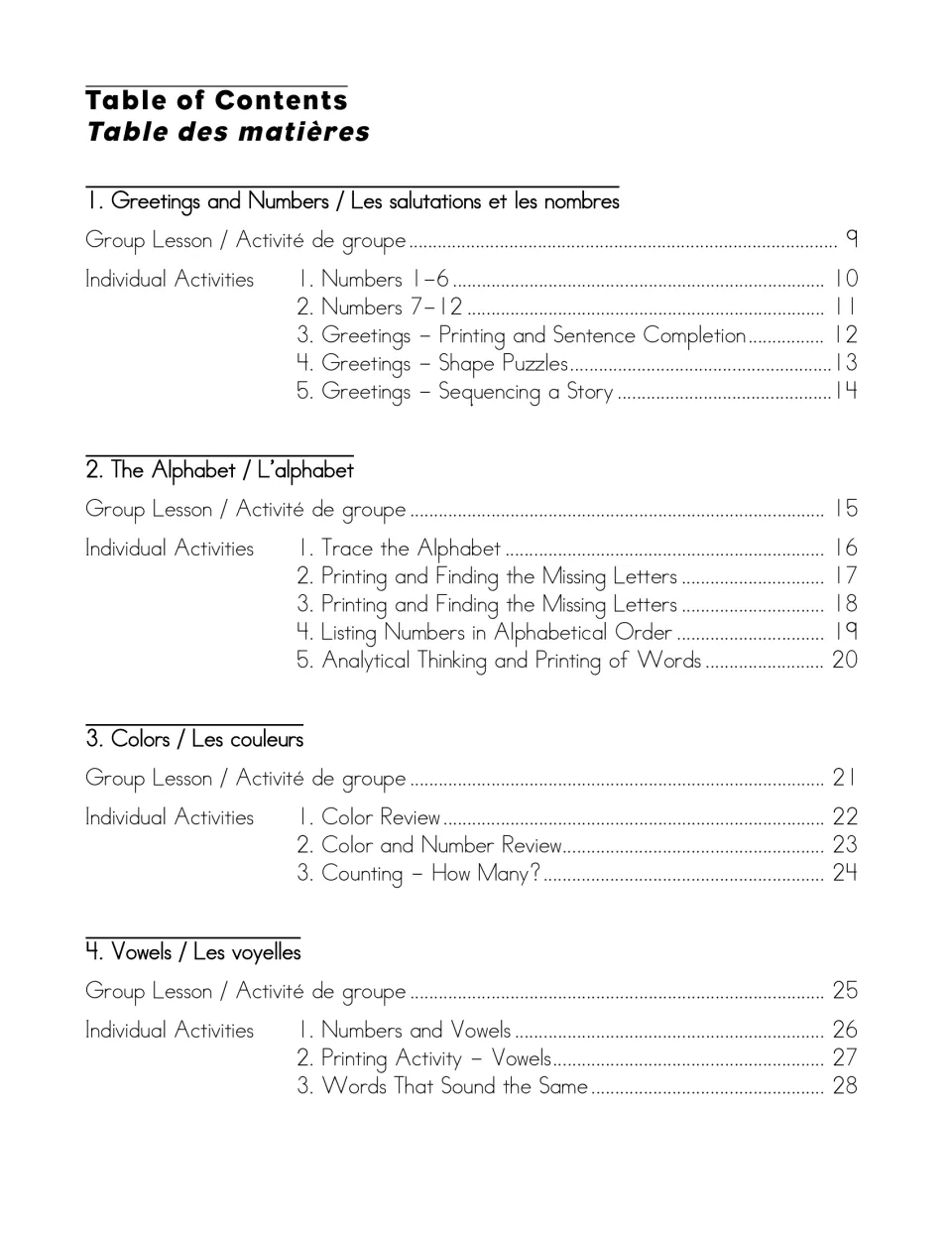 Table of contents for chapters 1 to 4: greetings and numbers, the alphabet, colors and vowels, each with a group lesson