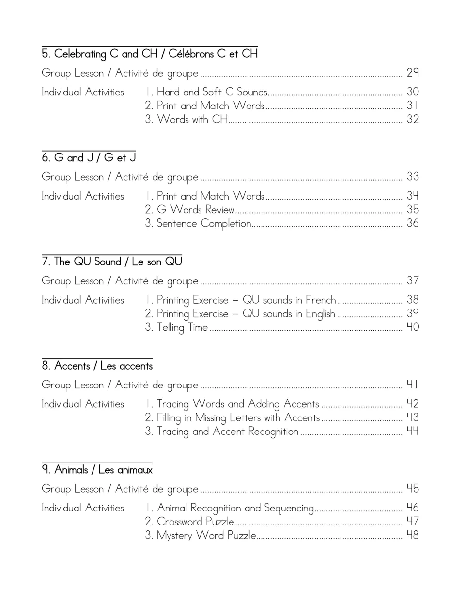 Contents for chapters 5 to 9: C and CH sounds, G and J, the QU sound, accents and animals, with activity page numbers