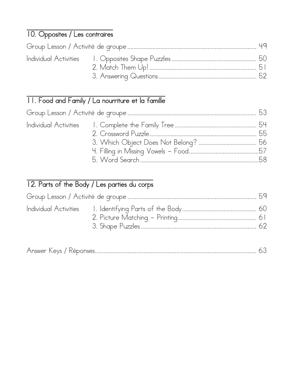 Contents for chapters 10 to 12: opposites, food and family, parts of the body, plus the answer keys starting on page 63