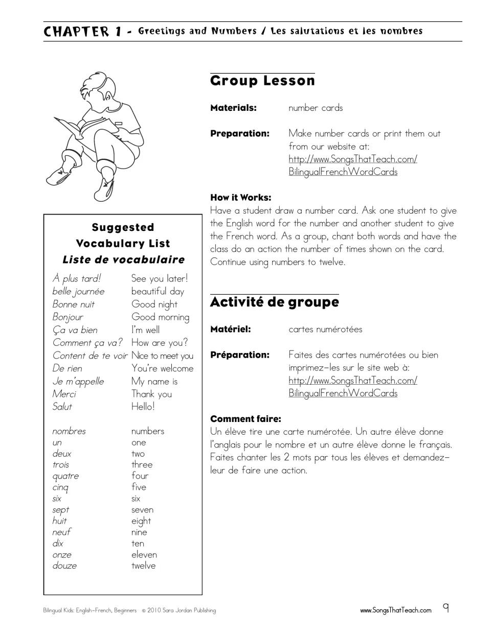 Greetings and numbers lesson: French-English vocabulary list and a group number-card game saying numbers to twelve aloud