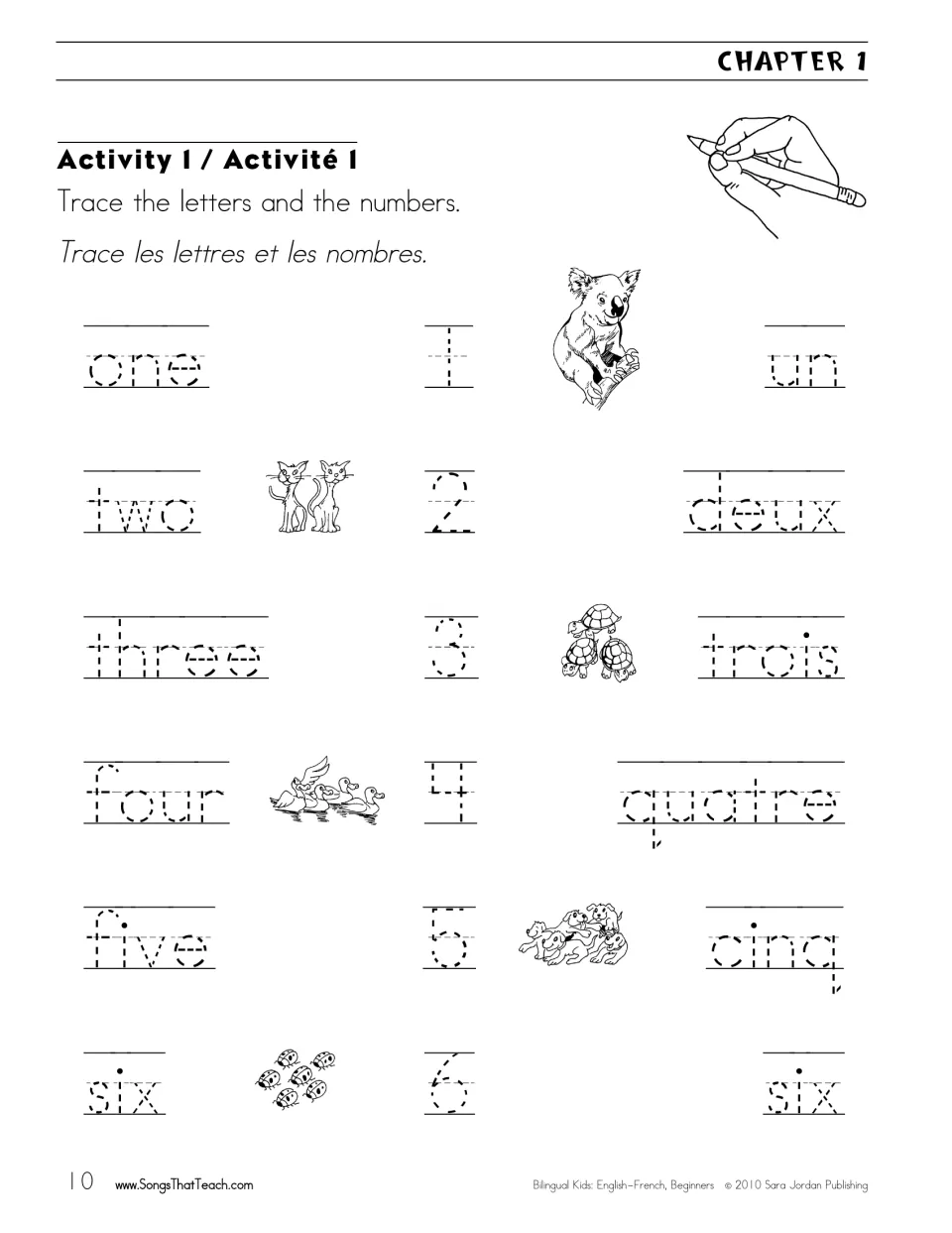 Numbers 1 to 6: students trace each number and its English and French word, with pictures of animals to count beside them
