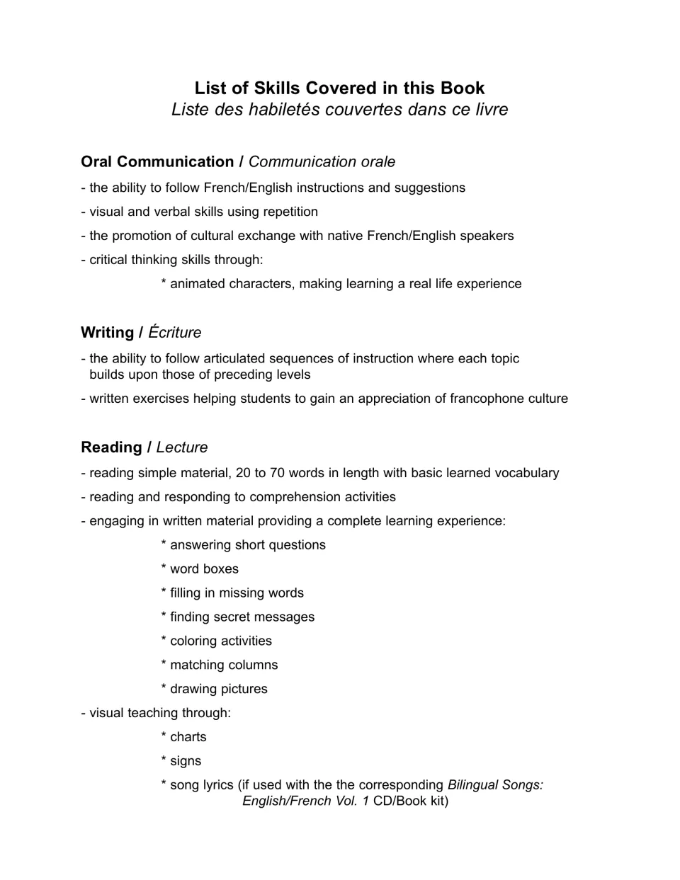 Skills list in English and French: oral communication, writing and reading goals, with activities like word boxes