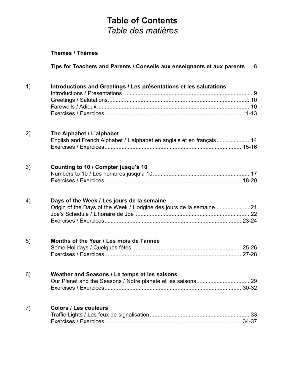 Table of contents, part 1: units on greetings, the alphabet, counting to 10, days of the week, months, weather and colors