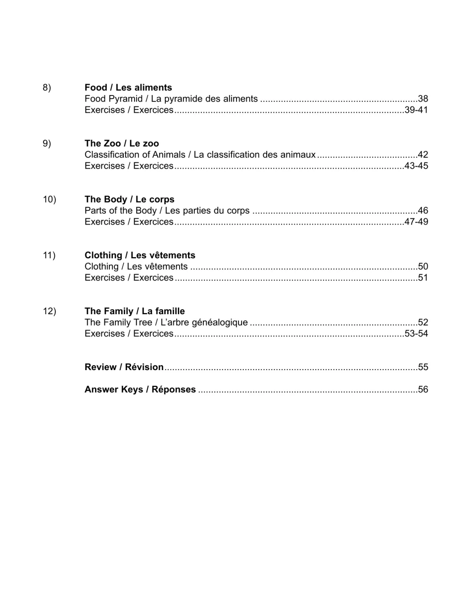 Table of contents, part 2: units on food, the zoo, the body, clothing and the family, plus a review page and answer keys