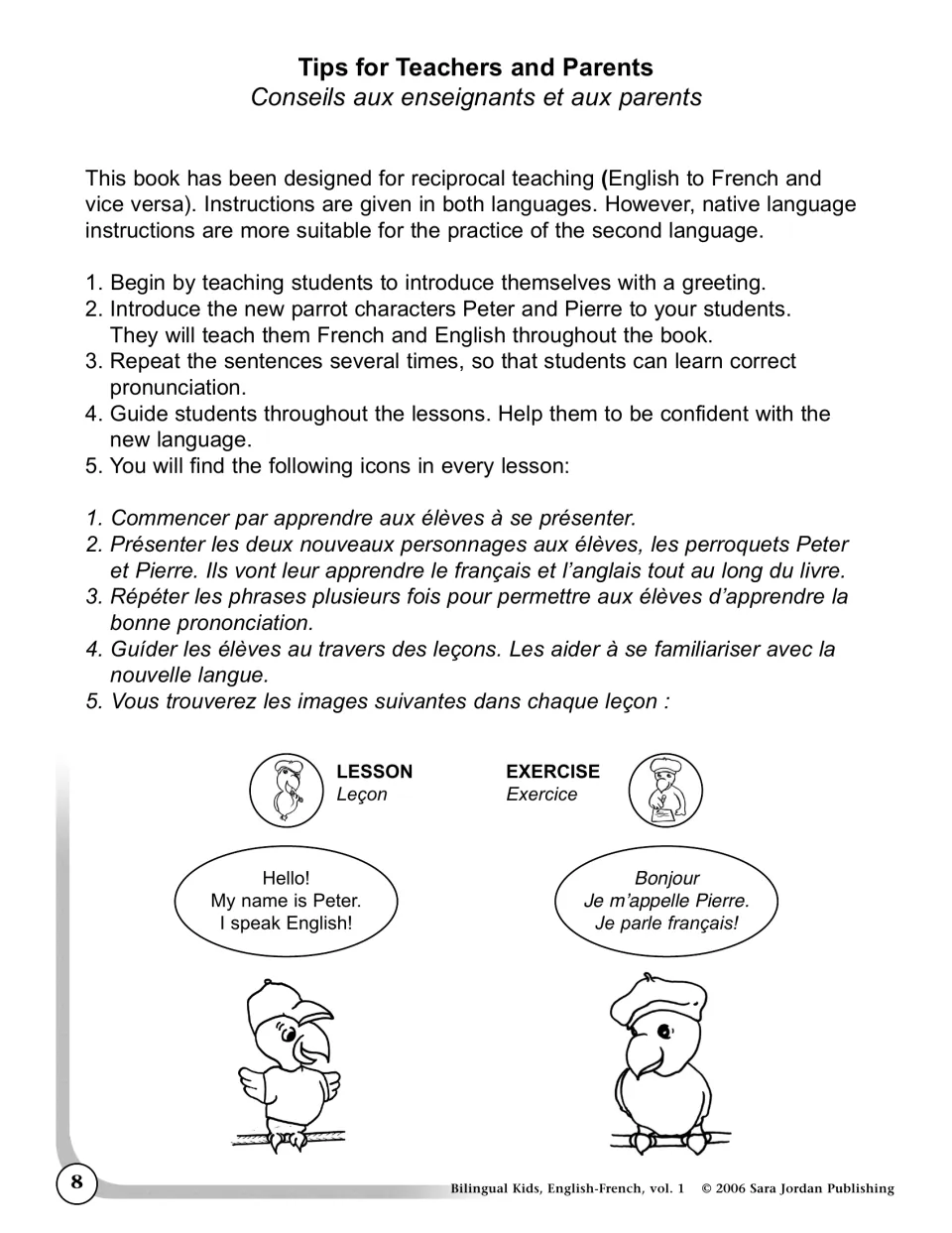 Tips for teachers and parents in English and French, introducing parrots Peter and Pierre and the lesson and exercise icons