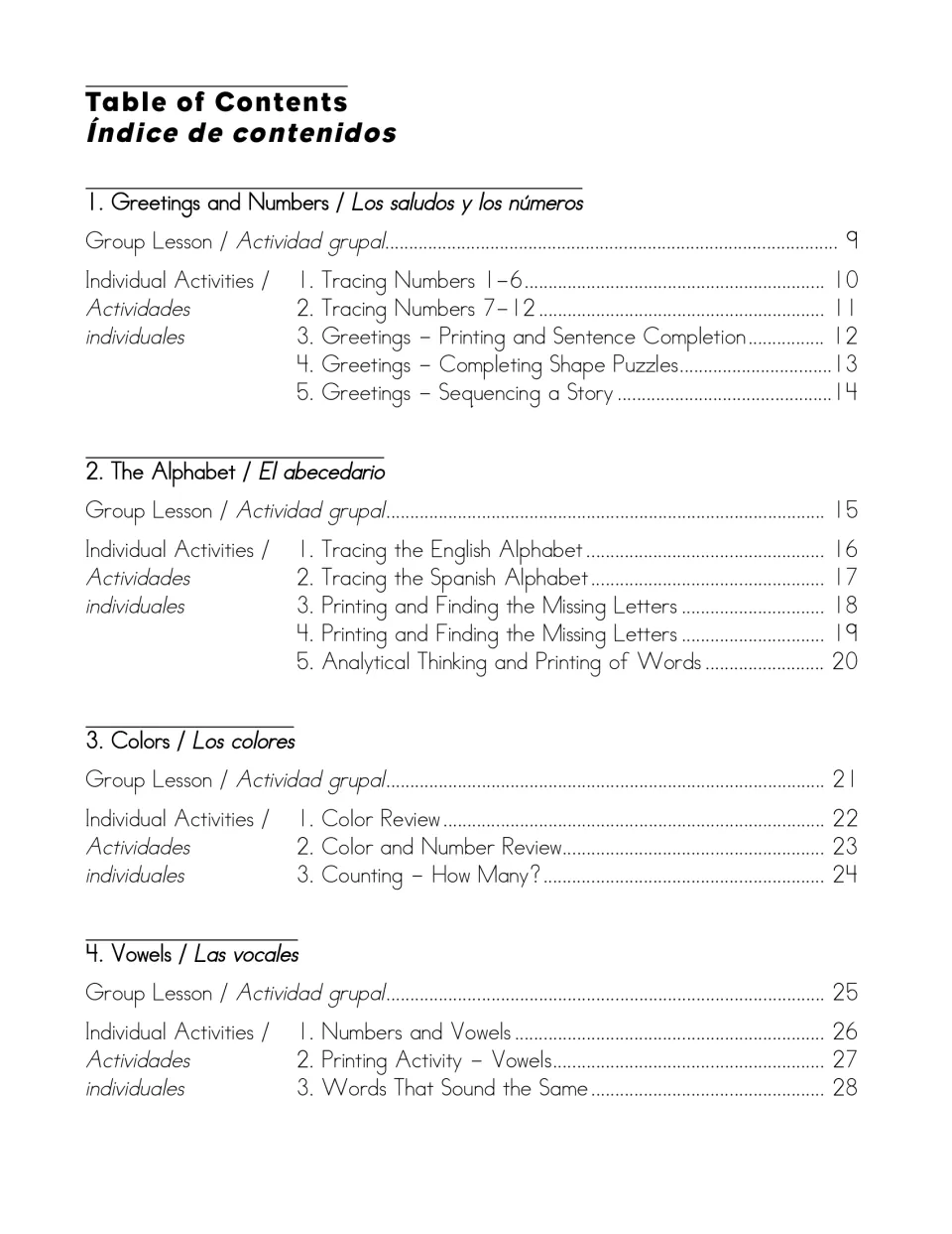 Table of contents, chapters 1 to 4: greetings and numbers, the alphabet, colors and vowels, with lesson page numbers
