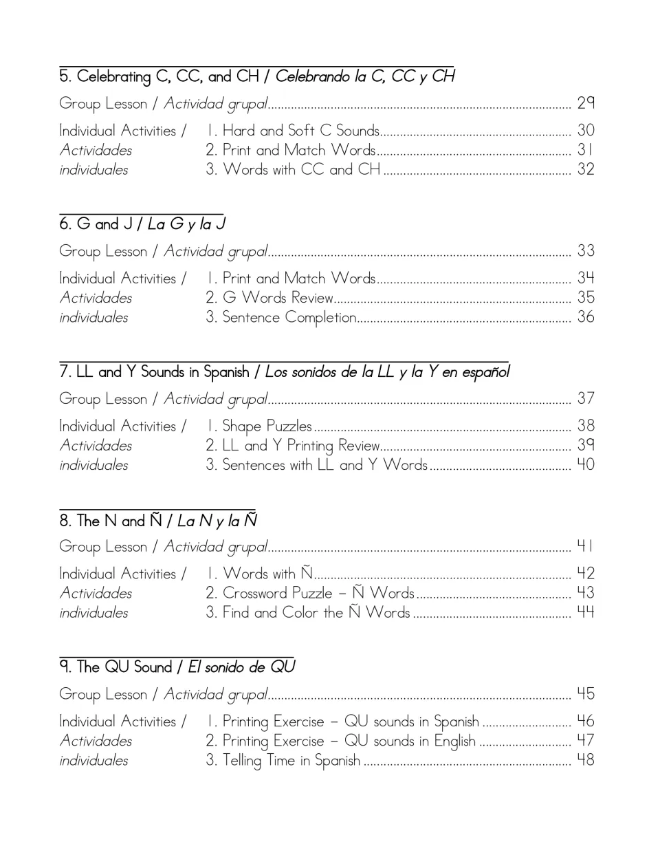 Table of contents, chapters 5 to 9: C, CC and CH, G and J, LL and Y, N and Ñ, and QU, with telling time in Spanish