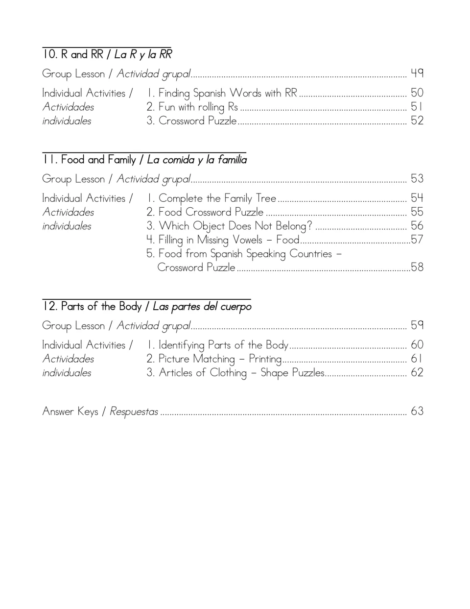 Table of contents, chapters 10 to 12: R and RR, food and family, and parts of the body, then answer keys on page 63