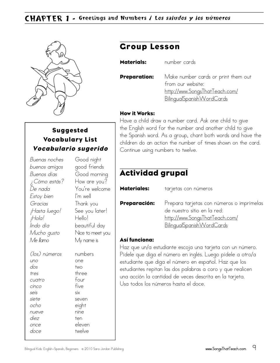 Chapter 1 greetings and numbers group lesson: children draw number cards (1-12) and say each in English and Spanish