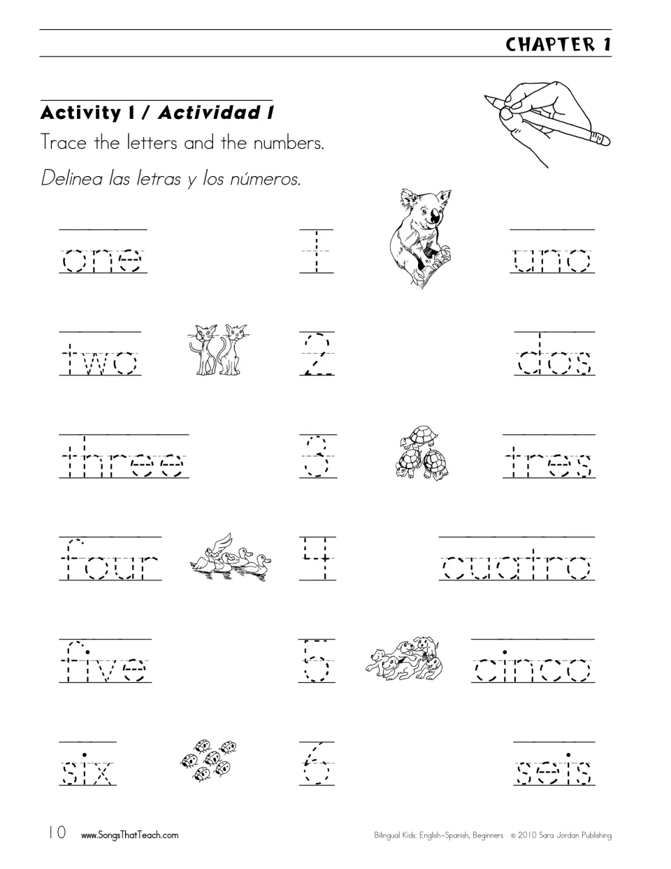 Numbers 1 to 6 tracing: students trace numerals and their English and Spanish words, one/uno to six/seis, with animals