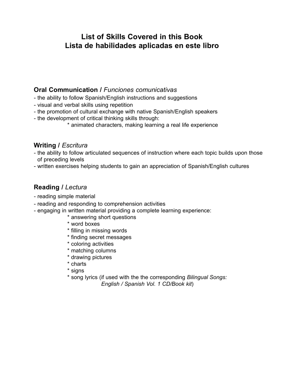 Skills list, part 1: oral communication, writing and reading goals, such as word boxes, secret messages and matching