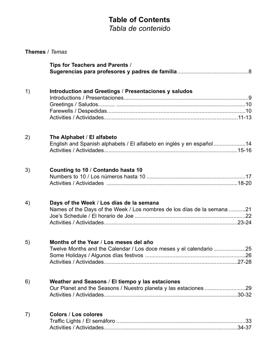 Table of contents, part 1: themes 1–7, from greetings, the alphabet and counting to 10 through weather and colors