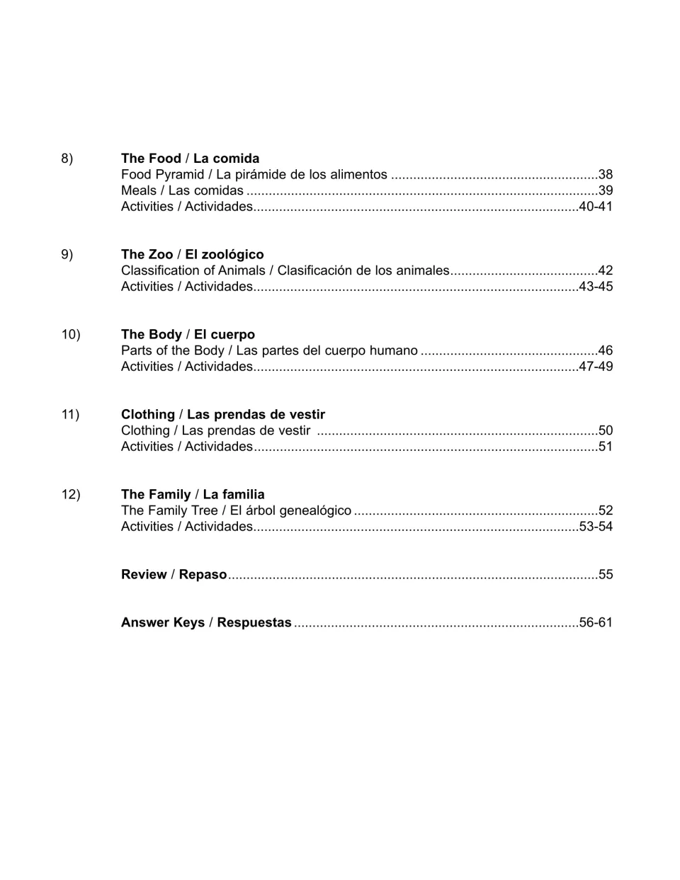 Table of contents, part 2: themes 8–12 (food, zoo, body, clothing, family), the review and answer keys