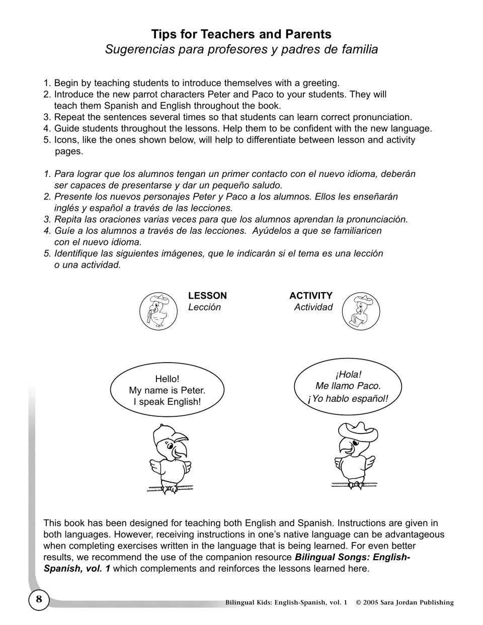 Tips for Teachers and Parents: five teaching steps, lesson and activity icons, and parrots Peter and Paco
