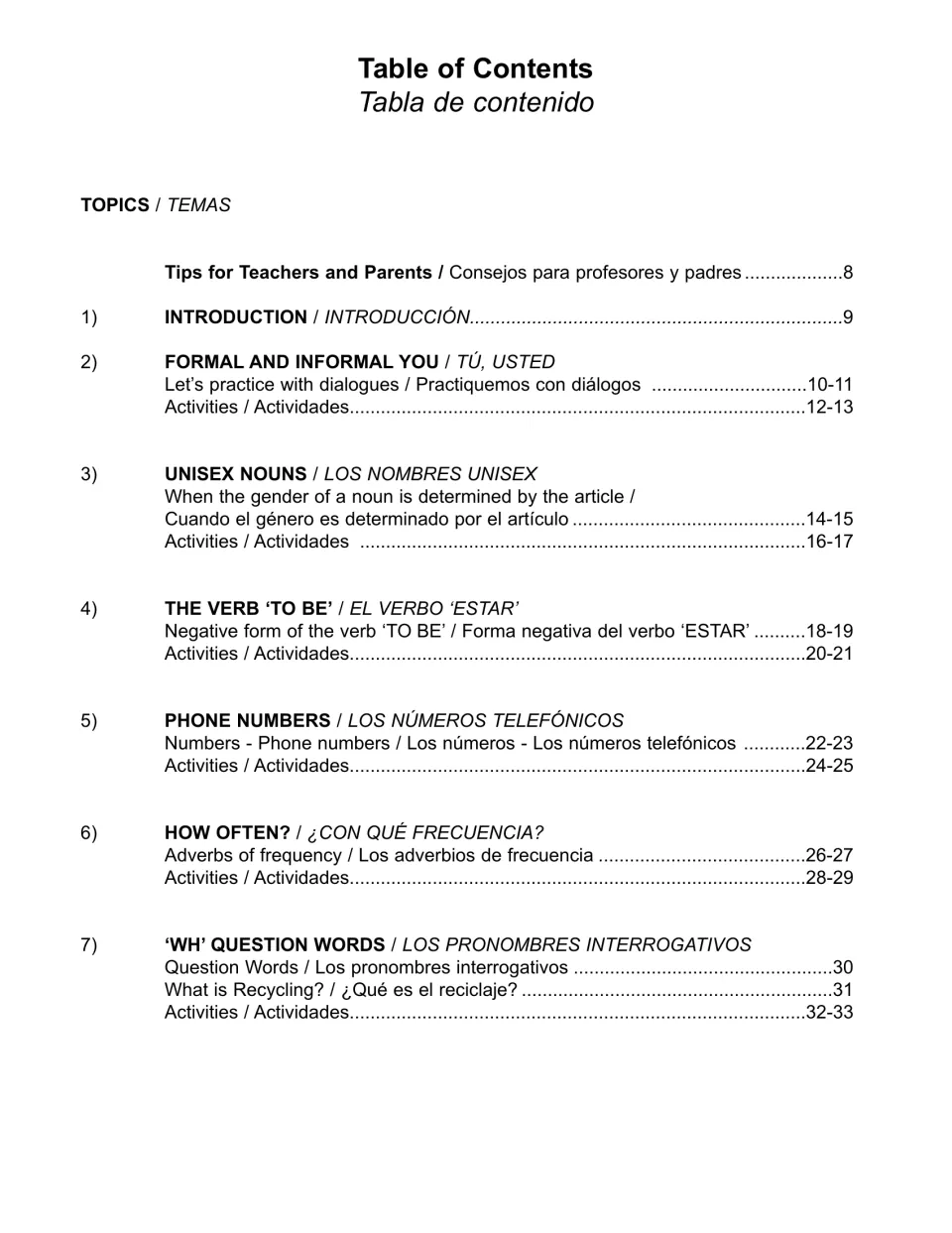 Table of contents, part 1: tips, introduction and units on tú/usted, unisex nouns, estar, phone numbers, question words