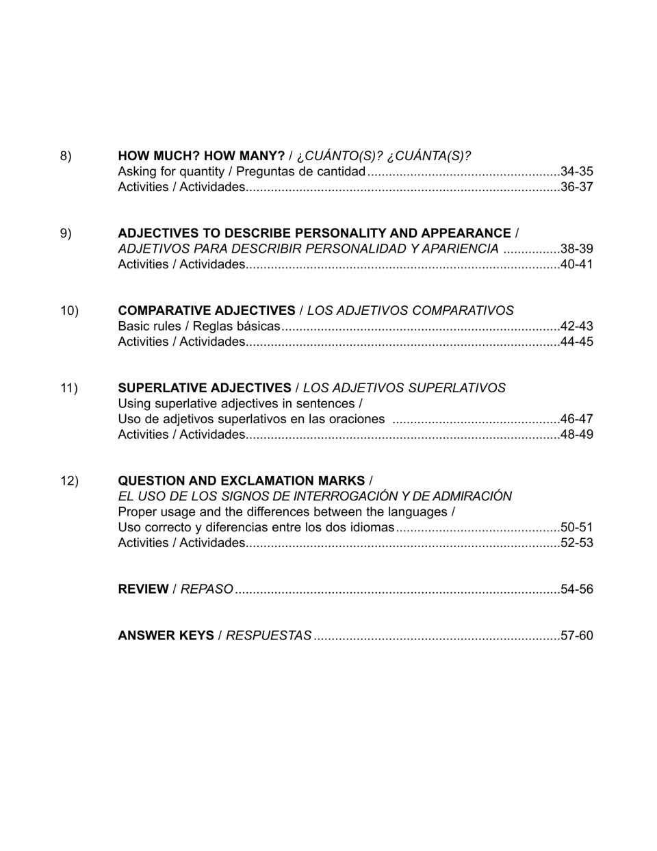 Table of contents, part 2: quantity, descriptive, comparative and superlative adjectives, punctuation, review, answers