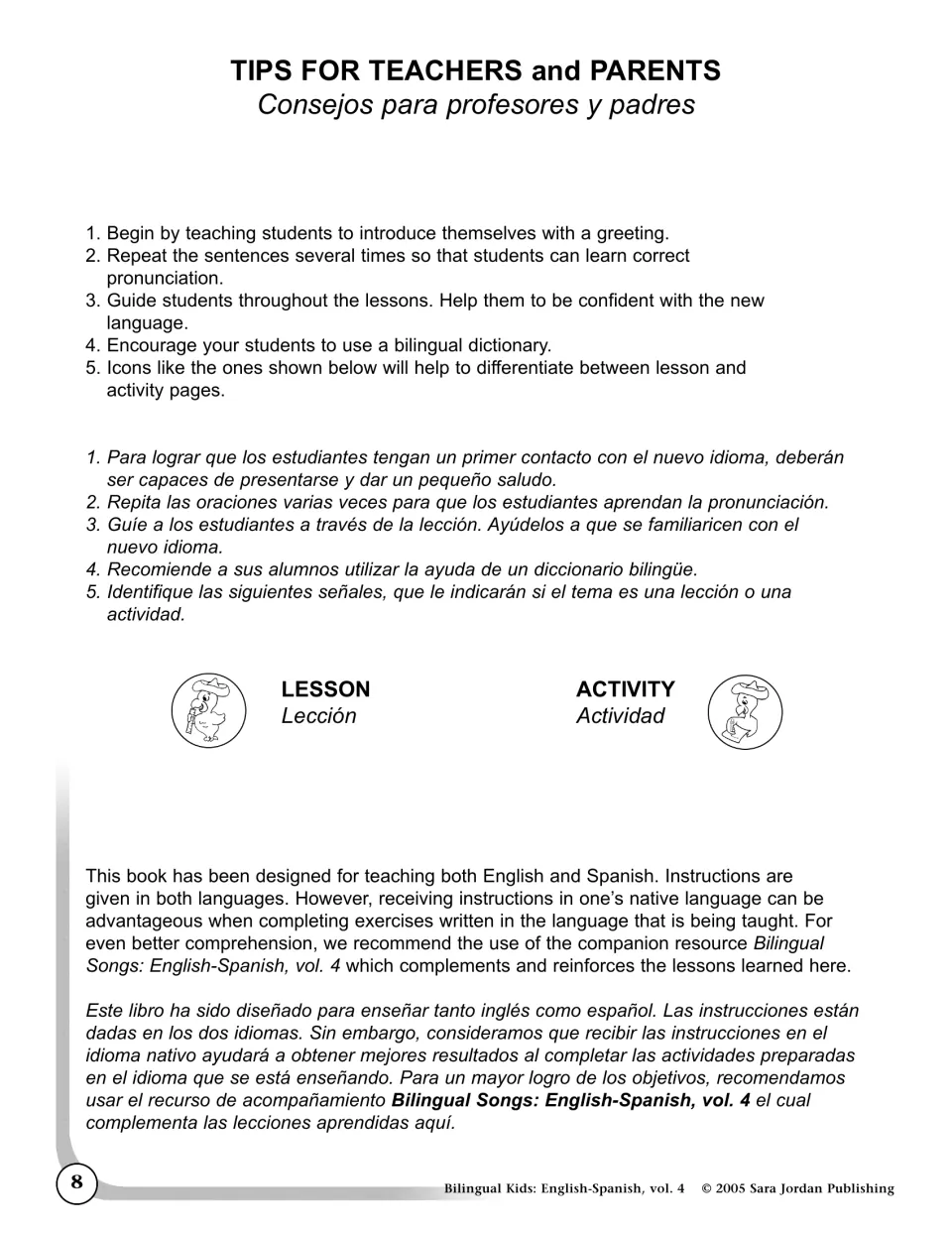 Tips for teachers and parents: start with greetings, repeat sentences, use a bilingual dictionary, spot lesson icons