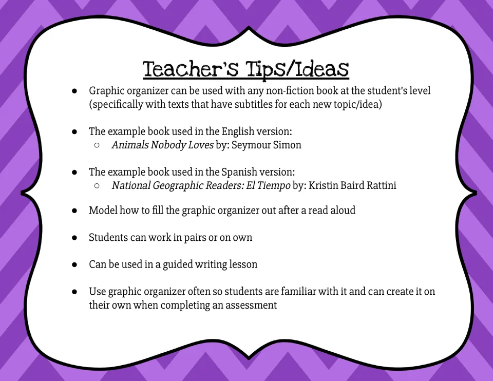 Teacher's tips: use the main idea organizer with nonfiction texts that have subtitles; example books by Simon and Rattini