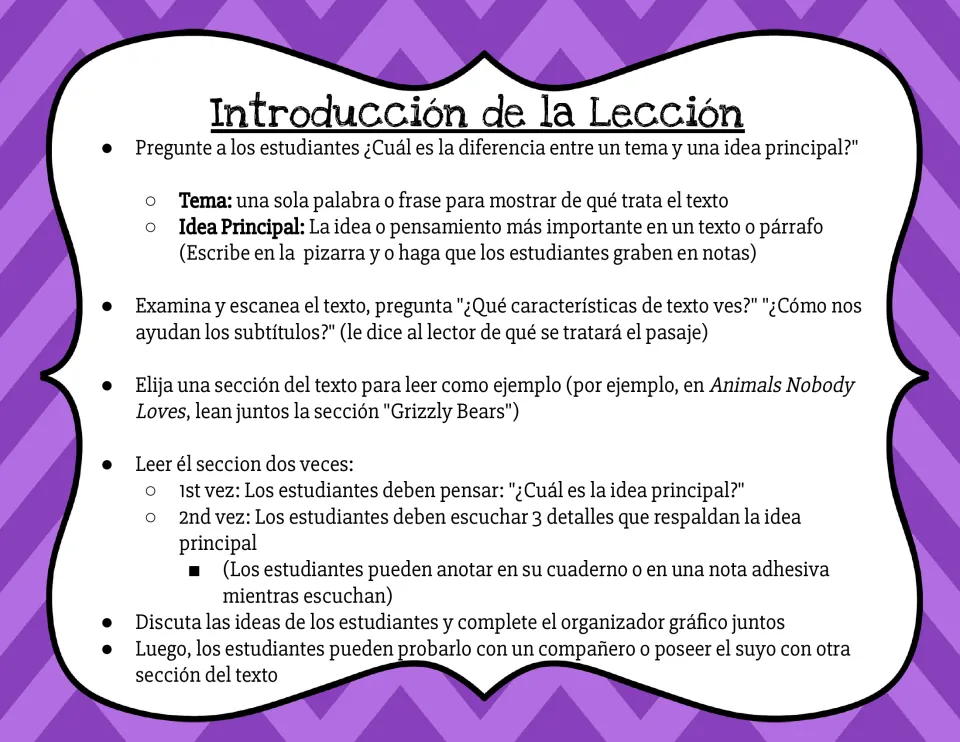 Spanish lesson introduction (Introducción de la Lección): tema vs. idea principal, then reread a section for 3 details