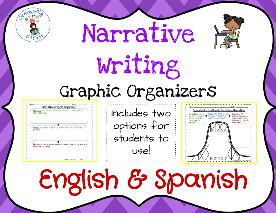Narrative writing graphic organizers cover in English and Spanish, showing two organizer options for students to use