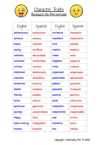 Personality Traits in Spanish – Bilingual Word Lists – sample page 2