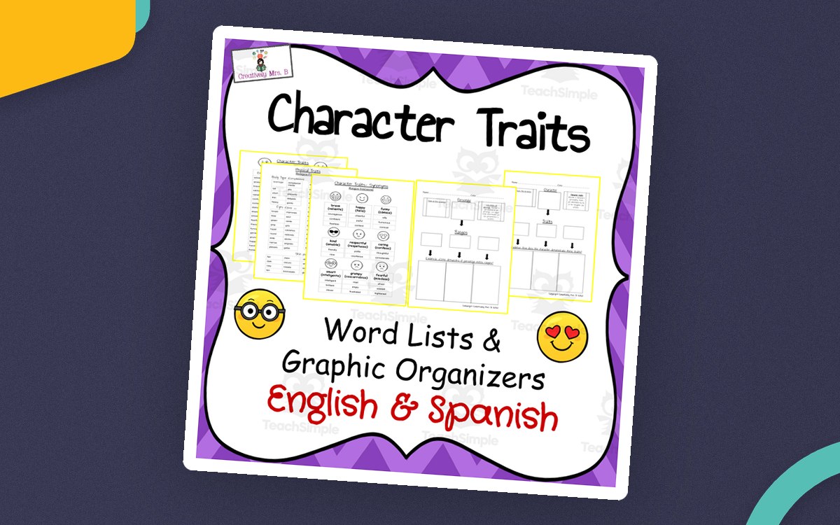Character Traits cover with English-and-Spanish word lists and graphic-organizer previews.