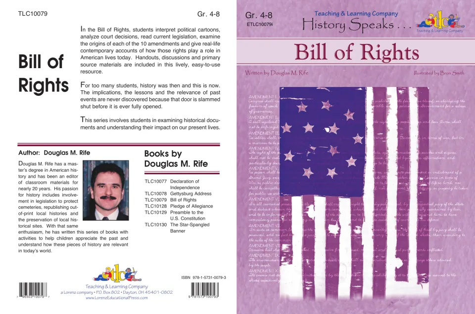 Cover of the Bill of Rights book: flag over amendment text; back describes its cartoons and court cases