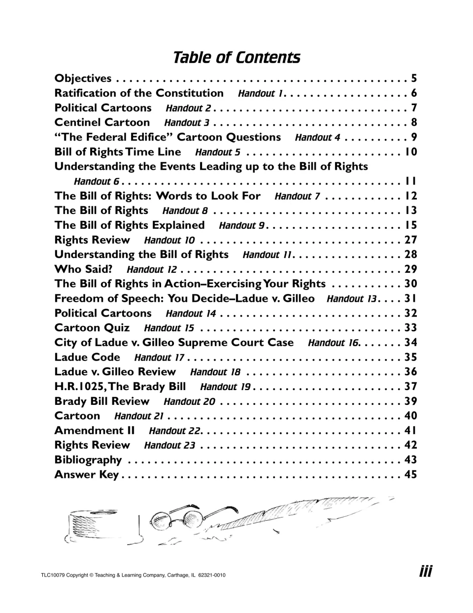 Table of contents listing 23 handouts, from ratification and cartoons to Ladue v. Gilleo and the Brady Bill