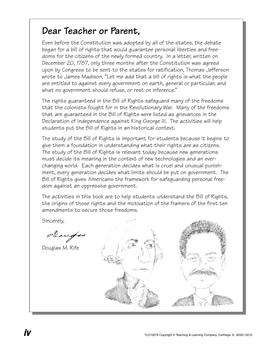 Letter to teachers and parents on why the Bill of Rights matters, quoting Jefferson's 1787 letter to Madison