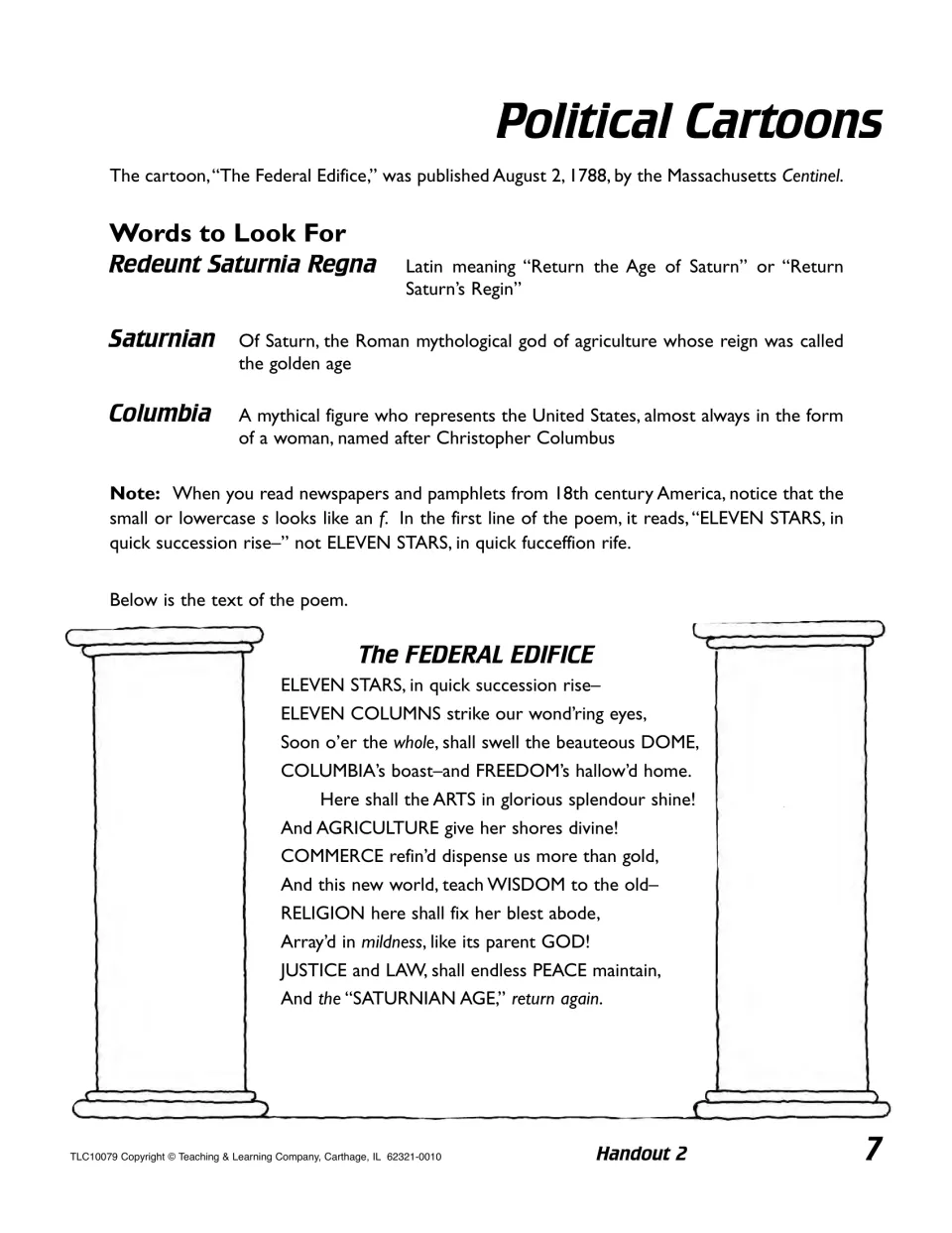 Political cartoons vocabulary: Saturnian, Columbia and a Latin motto defined, then the Federal Edifice poem