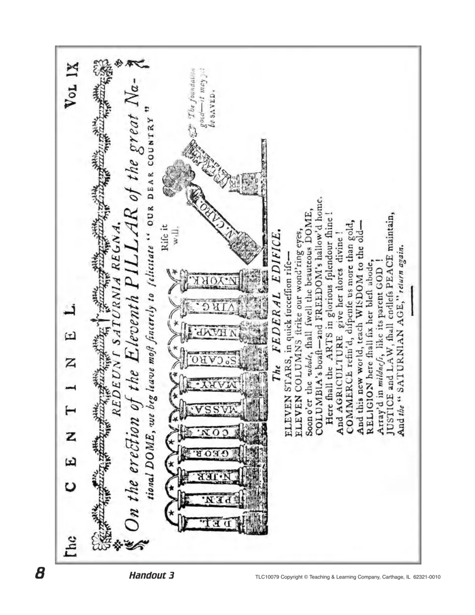 Primary source: 1788 Massachusetts Centinel cartoon The Federal Edifice, with 11 state pillars raised