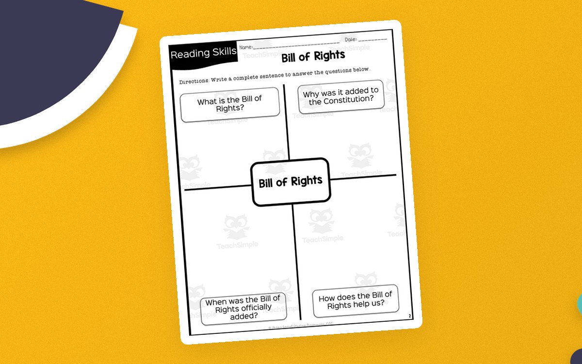 Bill of Rights reading packet page with a main-idea organizer and worksheet previews.