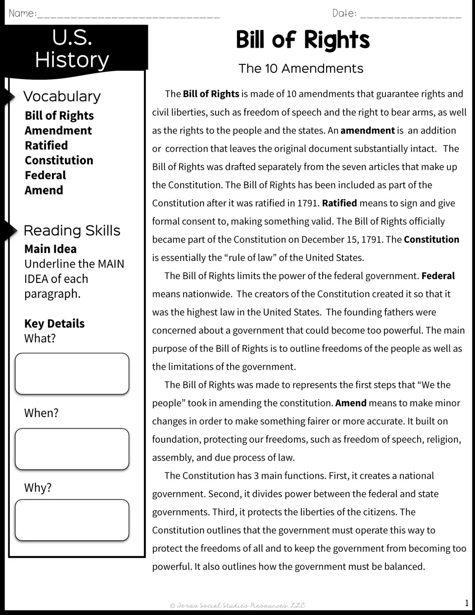 Bill of Rights passage on the 10 amendments: students underline main ideas and note what, when and why key details