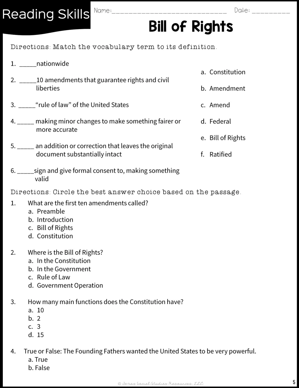 Vocabulary and comprehension: students match six terms such as ratified to definitions, then answer 4 multiple-choice items