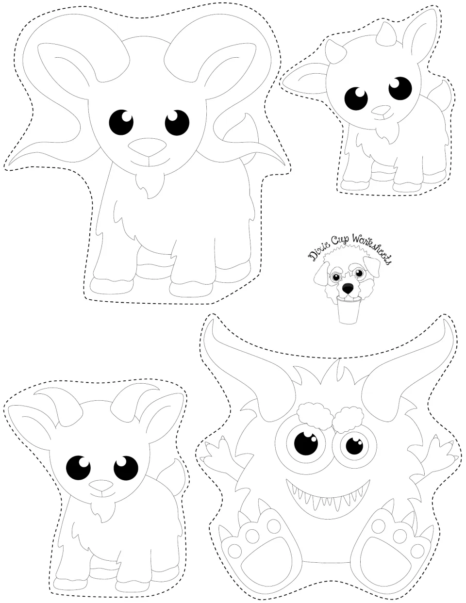 Three Billy Goats Gruff puppets: small, medium and large goats plus a toothy troll to color and cut out for retelling
