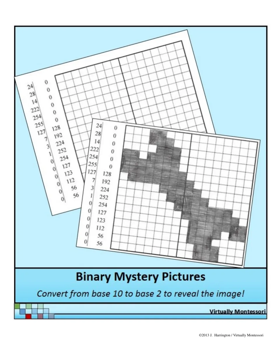 Binary Mystery Pictures cover: convert base 10 numbers to base 2 to reveal a hidden image, with a shaded wrench sample