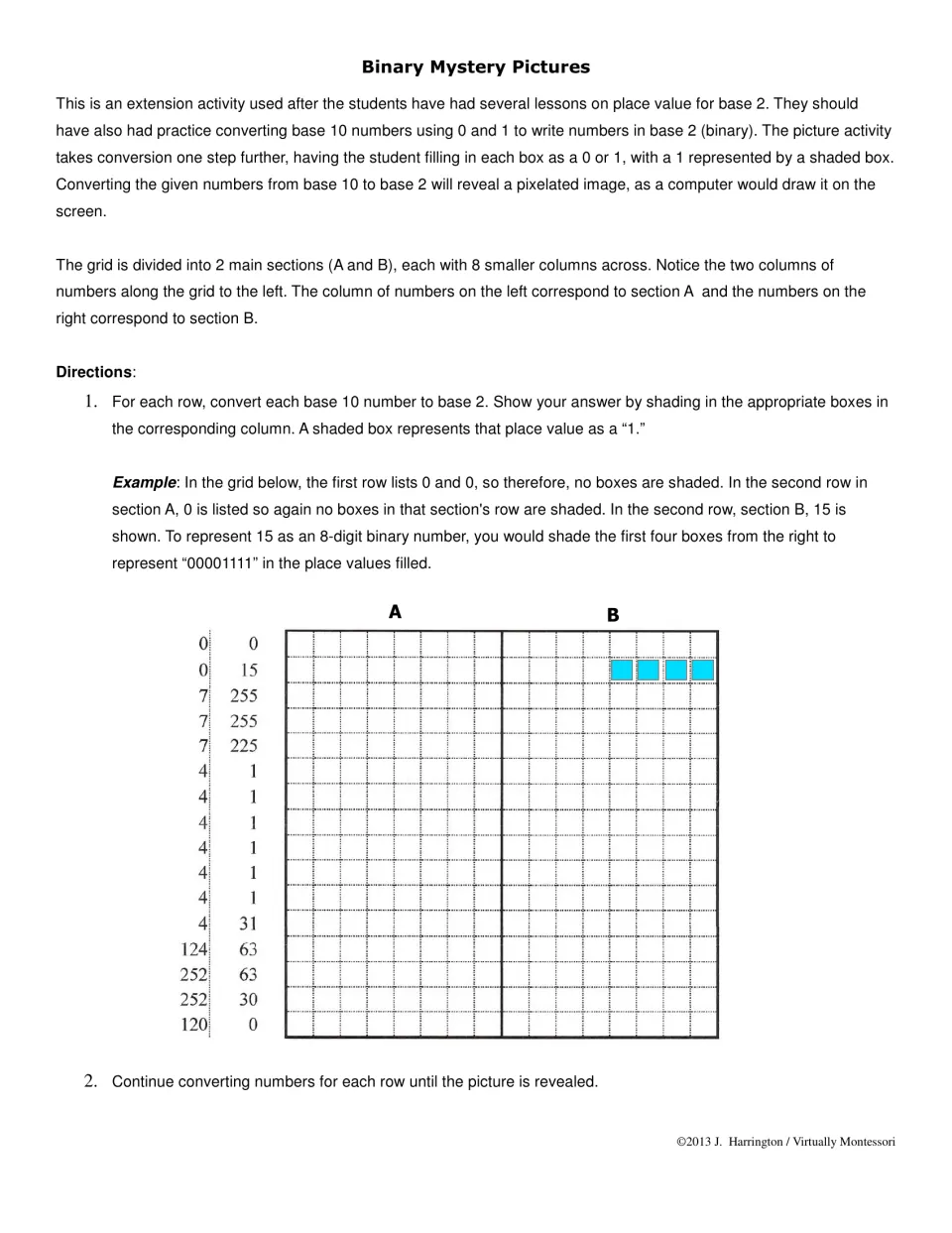 Directions for base 2 conversion: students turn each base 10 number into 8-digit binary, shading 1s; 15 shown as 00001111