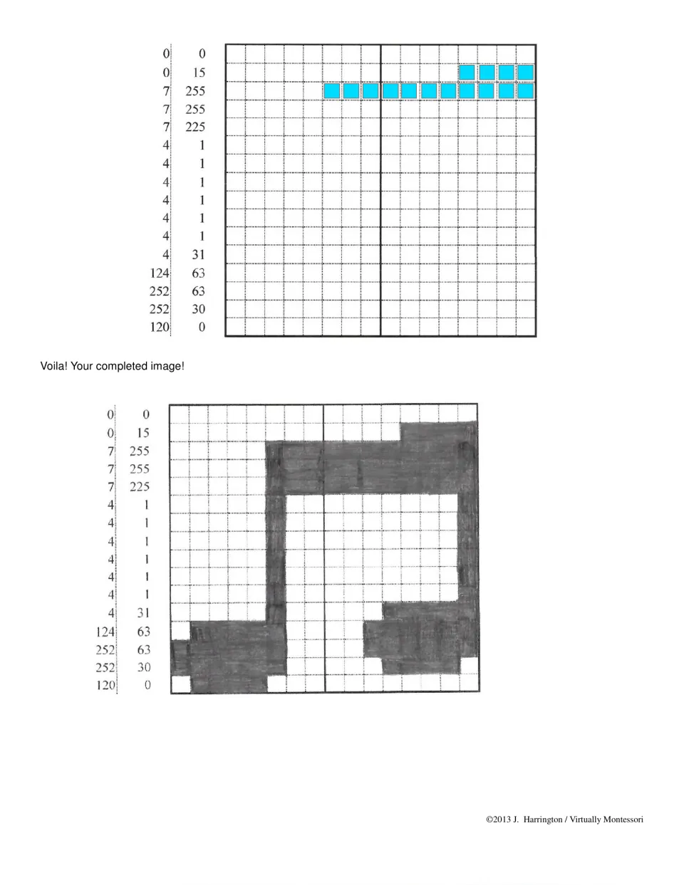Worked example of binary shading: rows 0/15 and 7/255 shaded in blue, then the completed picture of two beamed music notes