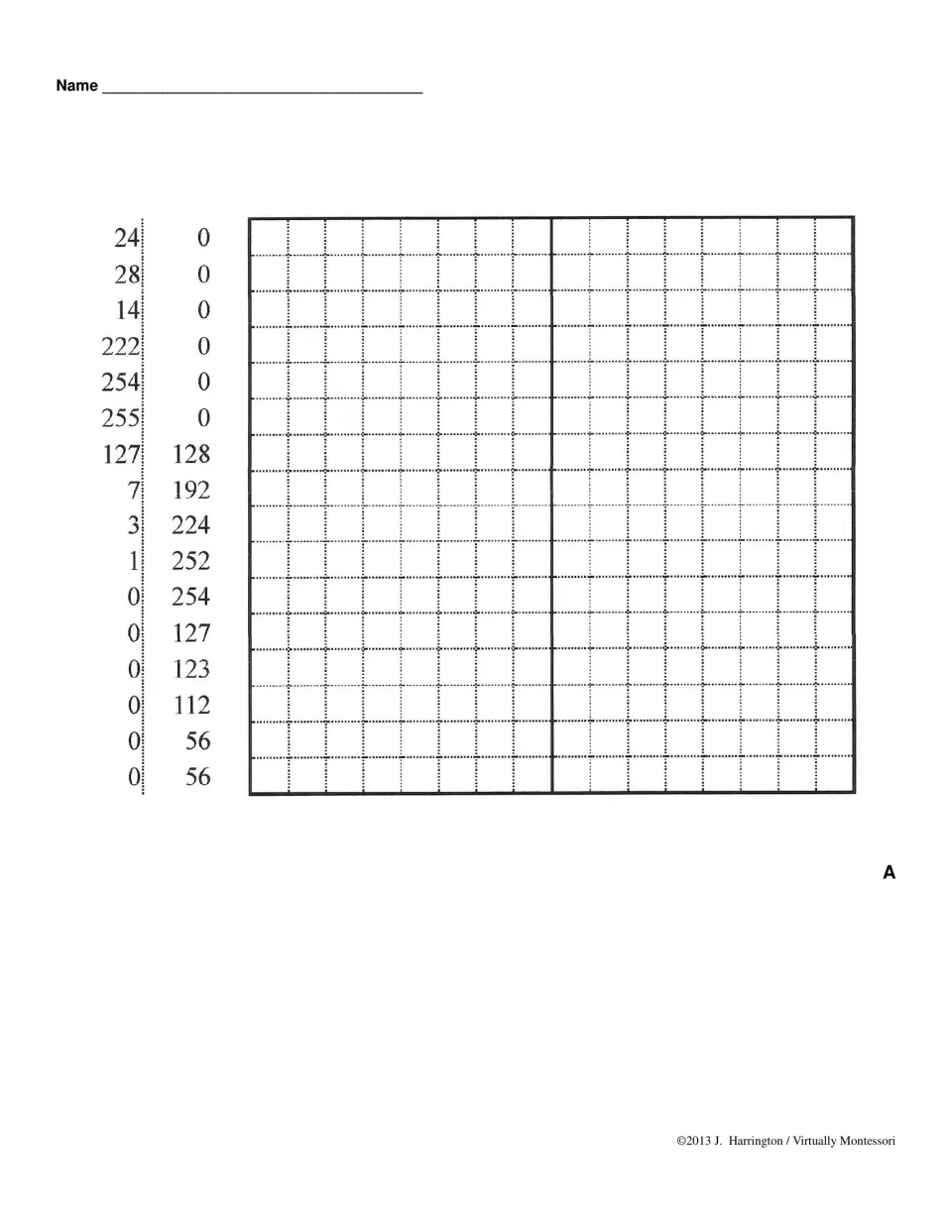 Mystery picture A: students convert 16 rows of number pairs such as 24/0 and 127/128 to binary and shade the 1s