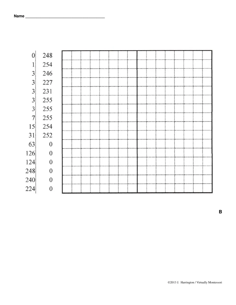 Mystery picture B: students change base 10 pairs like 0/248 and 3/255 into 8-digit binary and shade each 1 to reveal it