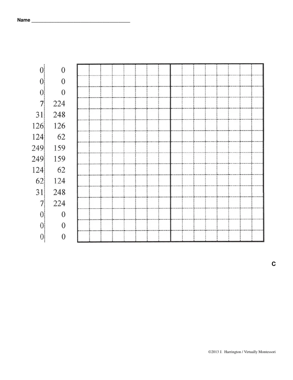 Mystery picture C: students write base 10 pairs such as 249/159 and 126/126 as binary, shading 1s to uncover the image