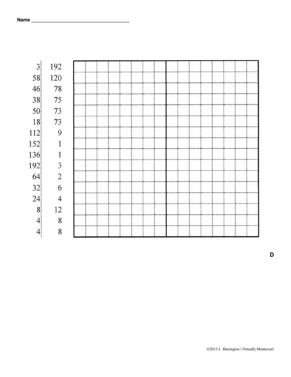 Mystery picture D: students convert pairs like 3/192, 58/120 and 152/1 from base 10 to base 2 and shade the 1 places