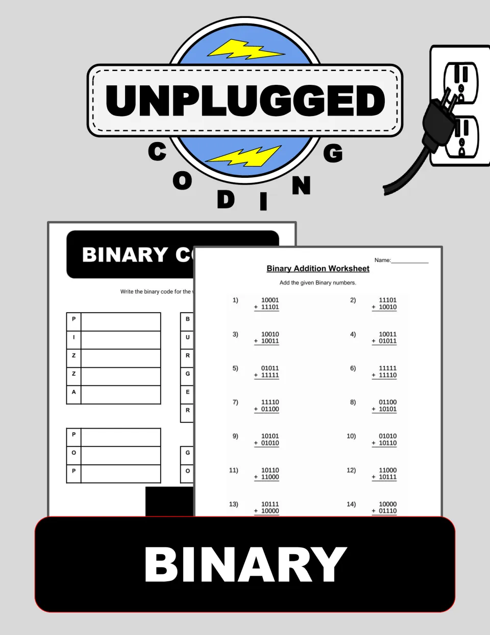 Cover of Binary (Unplugged Coding #2), showing samples of word-coding and binary addition activities